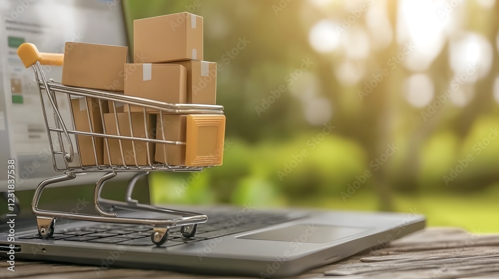 Poster overflowing shopping cart filled with packages positioned alongside a sleek laptop displaying an onl