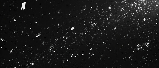 Confetti overlay with star shapes on a black background creates a celestial atmosphere