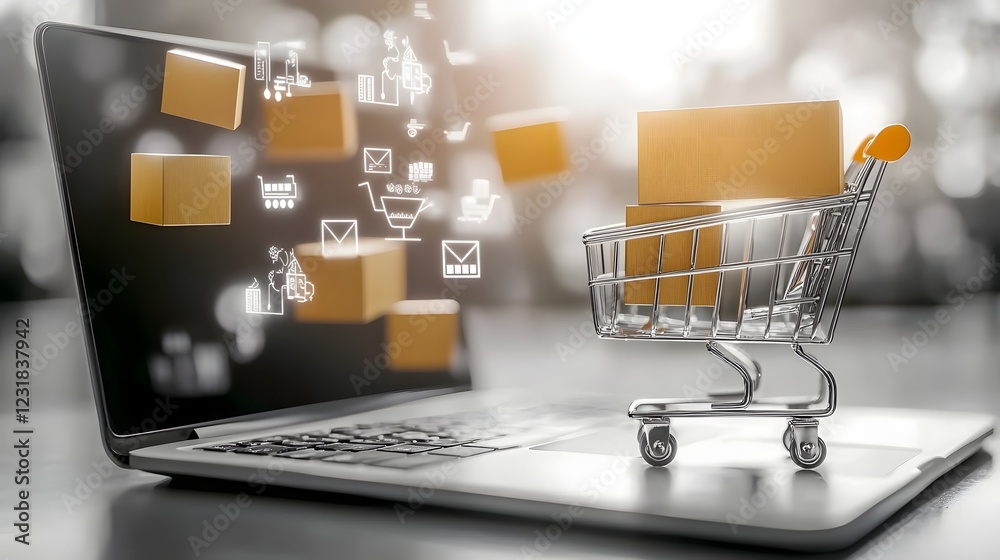 Poster Vibrant 3D shopping cart packed with colorful boxes placed beside a laptop displaying a futuristic online store interface representing the modern digital commerce experience with technology retail