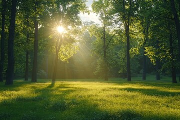 A quiet forest clearing with sunlight filtering through the trees, the peaceful scene bathed in warm, golden light.