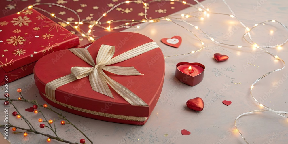 Poster A red box with a gold ribbon and a heart on it