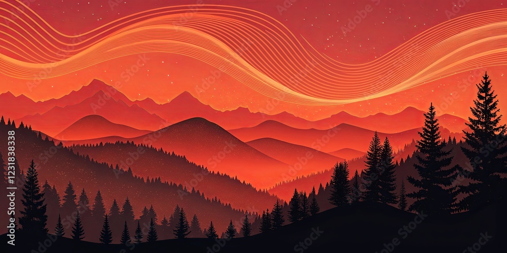 Poster a mountain range with a red sky and trees