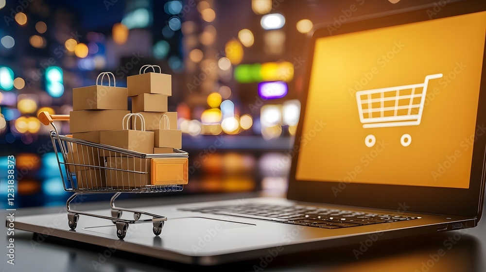 Poster High tech E commerce Visualization Featuring a Shopping Cart Full of Neatly Packed Parcels Alongside a Laptop with an Illuminated Online Shopping Interface
