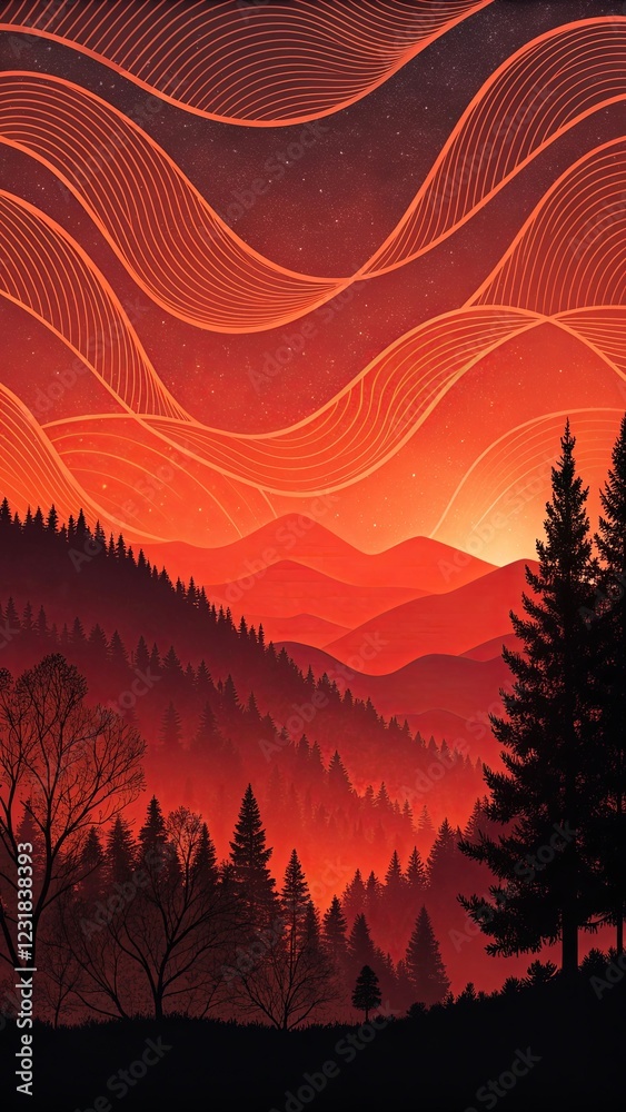 Poster a mountain range with a red sunset in the background