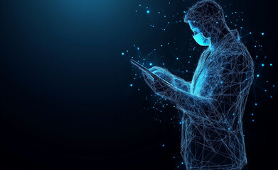 Abstract blue glowing low-poly wireframe of a male doctor writing on a tablet computer.