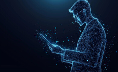 Abstract blue glowing low-poly wireframe of a male doctor writing on a tablet computer.