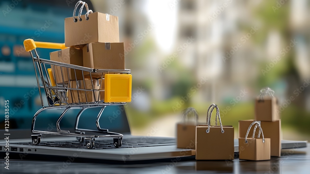Poster a cyber inspired digital shopping experience featuring a shopping cart loaded with packages alongsid