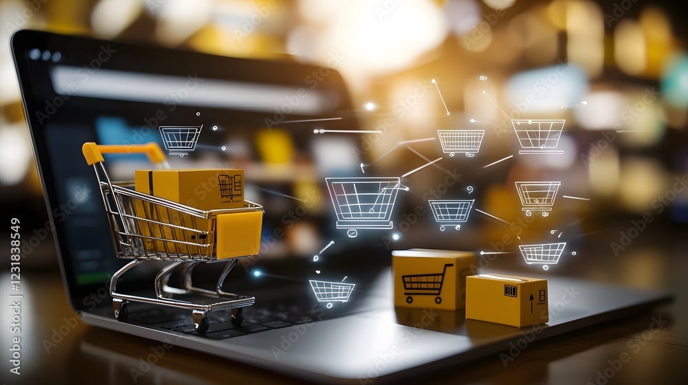 Poster This image showcases an advanced online shopping ecosystem  featuring a brimming shopping cart beside a laptop displaying an interactive digital store interface