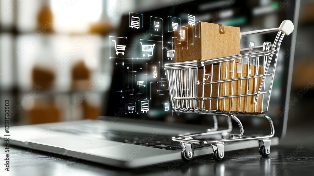 Poster Advanced online shopping ecosystem with a shopping cart brimming with orders beside a laptop showcasing an interactive digital store interface and futuristic smart retail technology on a solid