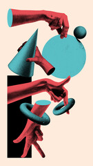 Multiple hands interacting with geometric shapes, portraying dynamic teamwork and cooperation. Abstract art collage in photocopy effect. Concept of business, architecture, marketing