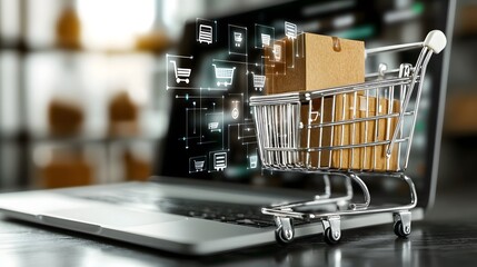 Advanced online shopping ecosystem with a shopping cart brimming with orders beside a laptop showcasing an interactive digital store interface and futuristic smart retail technology on a solid