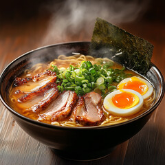 A bowl of ramen with rich broth, tender chashu pork, soft-boiled egg