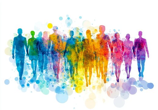 Colorful silhouettes of diverse people walking together, representing unity and community.