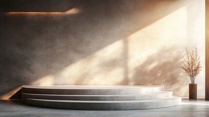 Minimalist podium captured in a close-up shot, showcasing its modern design and subtle textures, ideal for product presentation