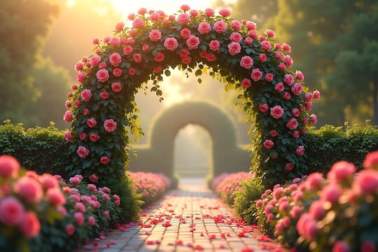 Blooming Rose Garden Archway with Golden Light for National Flower Day Themes