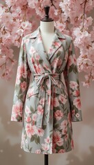 Naklejka premium Elegant beige floral trench coat with belt on mannequin set against a backdrop of blooming flowers