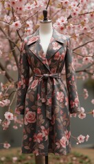 Obraz premium Charming beige floral coat with tie waist on mannequin surrounded by blooming flowers