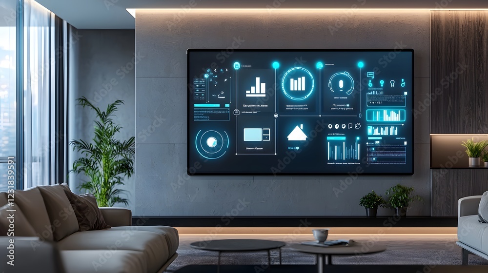 Fototapete Futuristic smart home interface with holographic dashboard displaying integrated home automation controls security system and climate settings in a modern and elegant living space environment
