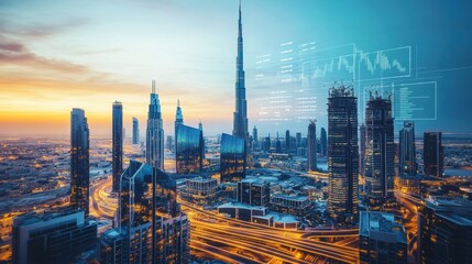 Visualize Holographic Financial Data in Dubai Data Presentation Urban Setting Futuristic Viewpoint Innovative Concept