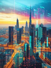 Naklejka premium Visualizing Holographic Financial Data Dubai Digital Art Urban Environment Aerial View Advanced Analytics