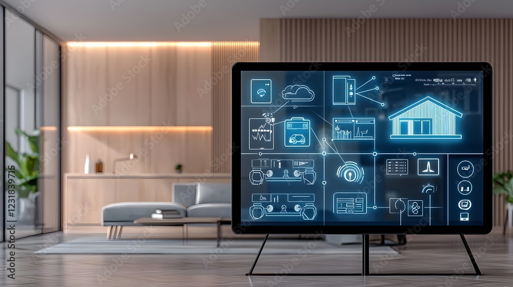 Fototapete futuristic smart home interface integrated into a stylish living space featuring a holographic dashb