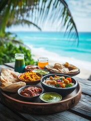 Savoring Vibrant Indian Thali Beachside Culinary Experience Rustic Ambiance Serene View Cultural Delight