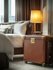 Unpacking Elegance Luxury Leather Suitcase Hotel Room Photograph Contemporary Setting Interiors Travel Experience