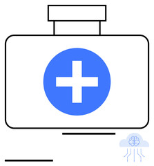 White first aid box with blue cross symbol, minimal design, and cloud with circuit lines. Ideal for healthcare, technology, telemedicine, emergencies, medical AI, innovation abstract line flat