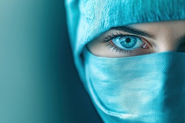 Closeup of surgeon with blue mask intense eyes