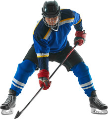 Hockey defender player. Young man hockey player in sports clothes and protect helmet with stick...