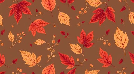 A rustic seamless pattern with hand-drawn illustrations of autumn leaves and branches in a palette of deep reds, oranges, and browns, rendered in a slightly distressed style to emphasi.