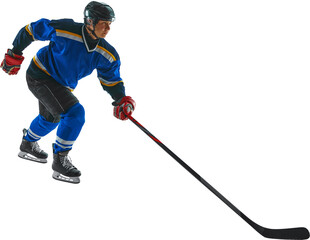 Fototapeta premium Professional hockey player in sports clothes and hockey equipment running with stick over transparent background. Concept of winter sports, competition 