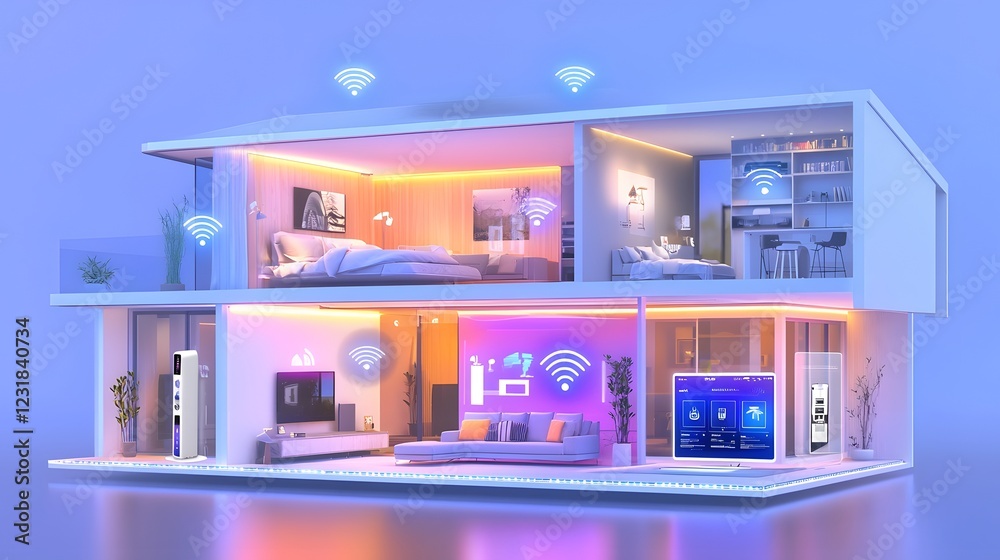 Poster Futuristic smart home blueprint style cross section showcasing glowing WiFi hotspots AI driven automation icons connected security devices and intelligent energy management systems for a modern