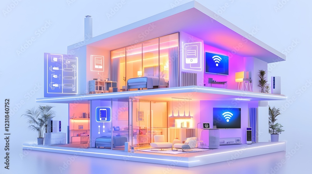Poster Futuristic smart home blueprint style cross section diagram showcasing integrated WiFi hotspots AI driven automation icons connected security devices