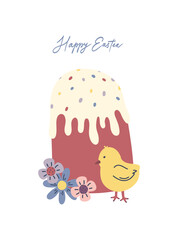Easter cake colored eggs and chick. Easter card.