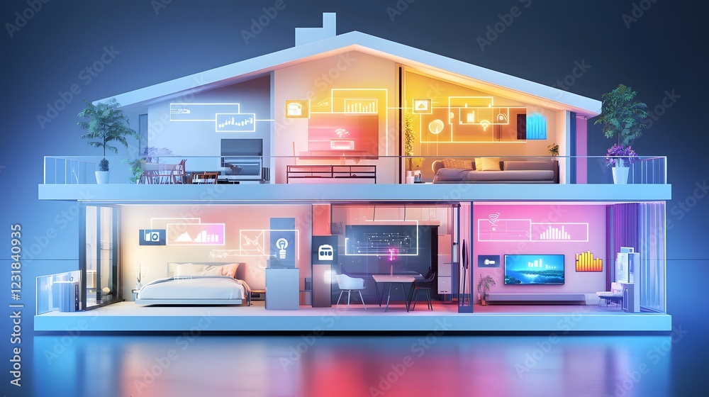 Fototapete Futuristic cross section of a smart home showcasing interconnected digital devices AI powered automation WiFi access points