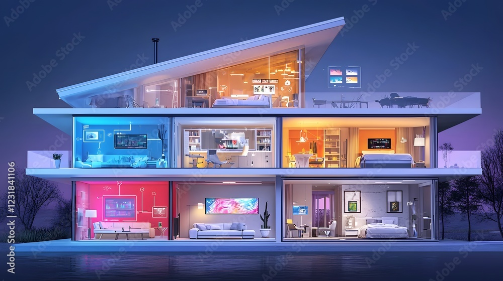 Poster futuristic cross section of a cybernetic smart home showcasing seamless high tech living with smart 