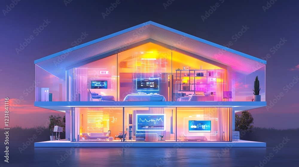 Poster futuristic cross section of a cybernetic home revealing advanced smart lighting automation digital s