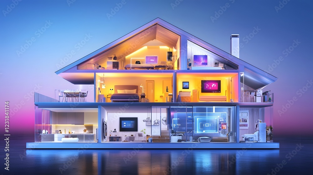 Poster Futuristic cross section of a cybernetic smart home revealing advanced features like automated lighting digital security systems AI driven home assistants