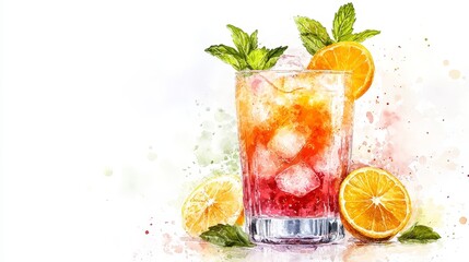 summer citrus lemonade, refreshing cocktail with mint leaves and oranges slices in glass on white background, watercolor illustration