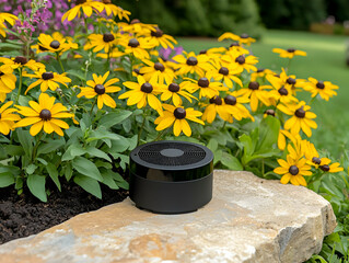 Black speaker in garden, flowers background