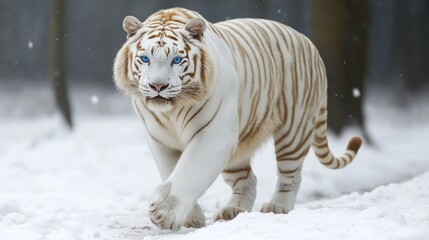 Obraz premium Majestic white tiger walking in snowy forest.