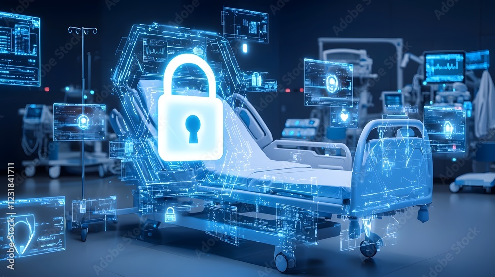 Leinwandbilder futuristic hospital bed with a glowing digital lock symbol floating above representing advanced cybe