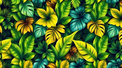 A seamless pattern featuring a photorealistic rendering of lush tropical foliage in vivid greens, yellows, and blues, displayed in a square format with a natural, organic feel.