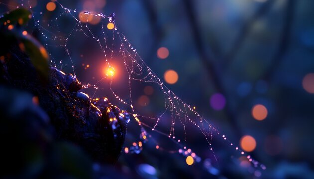 Tiny water droplets clinging to a single strand of a spiderweb, glowing softly.
