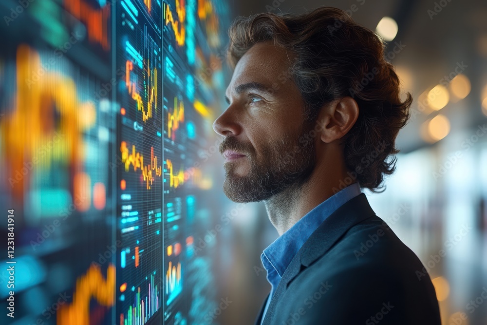 Poster a focused business professional analyzing data and trends on a digital display, showcasing modern te