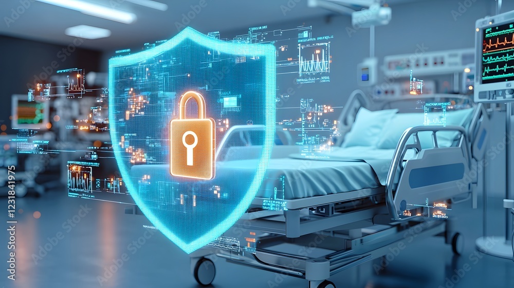 Leinwandbilder cybersecurity themed hospital room with floating digital shield symbol representing secure medical d