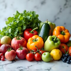 Artistic Array of Fresh Produce on Marble Vibrant Colors Captured with Focus Stacking