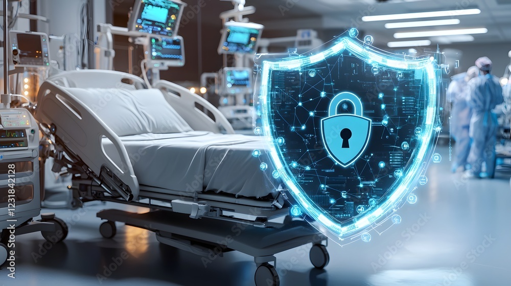 Poster cybersecurity themed hospital room featuring a locked digital shield symbol floating above a modern 