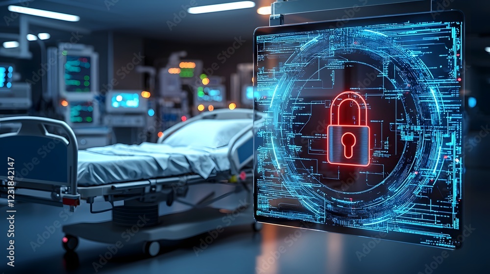 Aufkleber neon lit futuristic hospital environment with a floating holographic lock symbol over a hospital bed